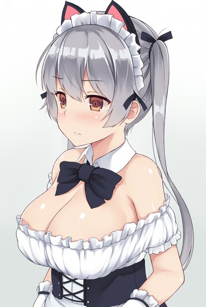 Anime picture 1000x1482 with original mizunashi kenichi single long hair tall image blush fringe breasts light erotic simple background large breasts twintails brown eyes animal ears looking away grey hair fake animal ears girl bow ribbon (ribbons)