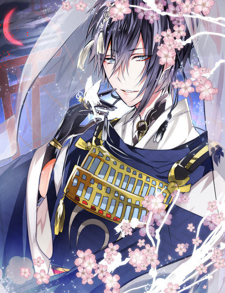 Anime picture 800x1042 with touken ranbu nitroplus mikazuki munechika poni (rito) single tall image fringe short hair blue eyes hair between eyes looking away purple hair wide sleeves cherry blossoms red moon butterfly on hand boy gloves flower (flowers) plant (plants)