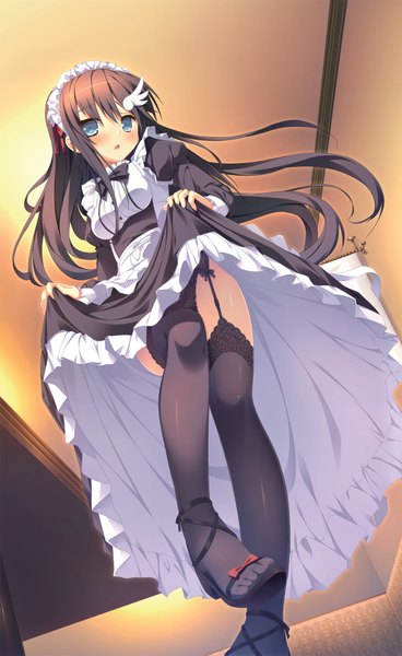 Anime picture 1200x1955 with naka no hito nado inai hondou ayano nimura yuuji single long hair tall image blush open mouth blue eyes light erotic brown hair maid legs girl thighhighs dress hair ornament underwear panties black thighhighs