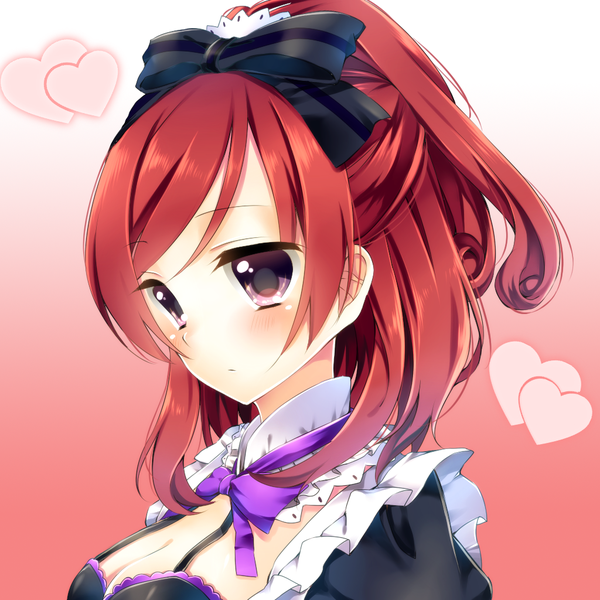 Anime picture 1024x1024 with love live! school idol project sunrise (studio) love live! nishikino maki saijou haruki single blush short hair white background purple eyes looking away ponytail red hair maid gradient background pink background girl dress bow hair bow