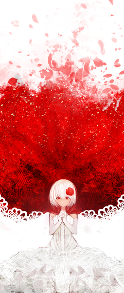Anime picture 1480x3472 with original tarbo (exxxpiation) single tall image looking at viewer fringe short hair simple background hair between eyes red eyes standing bare shoulders white hair hair flower light smile hands clasped girl dress gloves flower (flowers)