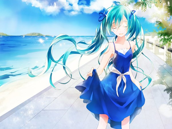 Anime picture 800x600 with vocaloid hatsune miku kamari (kama ri) single long hair fringe breasts standing twintails bare shoulders holding sky cloud (clouds) eyes closed parted lips aqua hair bare legs shadow flat chest shiny