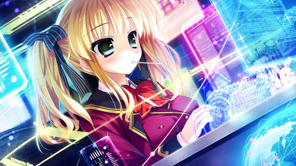 Anime picture 2560x1440 with prism recollection uisaki hinano shintarou single long hair blush highres blonde hair wide image sitting twintails green eyes game cg girl bow hair bow bowtie bunny