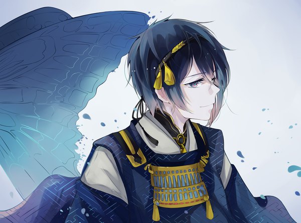 Anime picture 1181x874 with touken ranbu nitroplus mikazuki munechika tenchou (pixiv13629397) single short hair purple eyes blue hair looking away upper body traditional clothes japanese clothes profile sayagata boy insect butterfly headband tassel