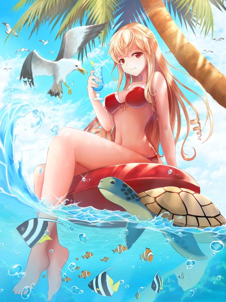 Anime picture 1125x1500 with original songh21 single long hair tall image looking at viewer light erotic blonde hair smile red eyes sitting holding sky cloud (clouds) outdoors sunlight from below shadow front-tie top soaking feet