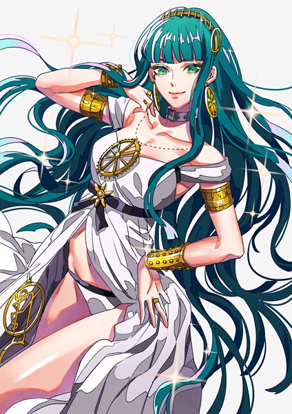Anime picture 992x1403 with fate (series) fate/grand order cleopatra (fate/grand order) tenobe single tall image looking at viewer fringe light erotic green eyes blunt bangs very long hair light smile aqua hair sparkle hand on hip adjusting hair girl dress earrings