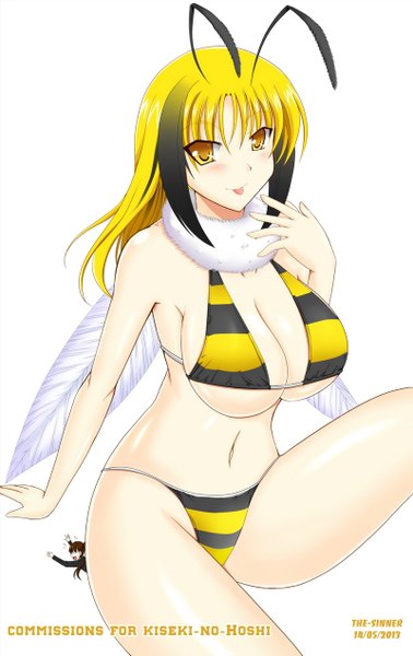 Anime picture 800x1270 with original the-sinner single long hair tall image blush breasts light erotic simple background smile large breasts white background yellow eyes multicolored hair two-tone hair :p girl navel swimsuit bikini