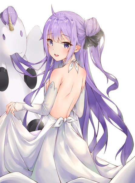 Anime picture 2968x4000 with azur lane unicorn (azur lane) wung125 single long hair tall image looking at viewer blush fringe highres breasts light erotic simple background smile hair between eyes standing white background purple eyes bare shoulders payot