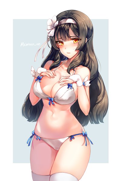 Anime picture 1000x1500 with girls frontline type 95 (girls frontline) type 95 (summer cicada) (girls frontline) zerocat single long hair tall image looking at viewer blush fringe breasts light erotic simple background brown hair large breasts standing signed cleavage orange eyes official alternate costume