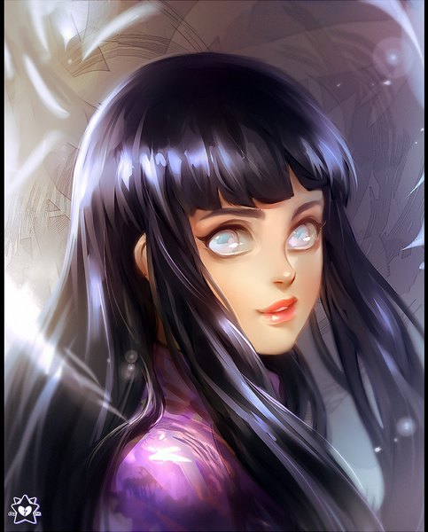 Anime picture 805x1000 with naruto studio pierrot naruto (series) hyuuga hinata e-x-p-i-e single long hair tall image looking at viewer fringe black hair upper body blunt bangs parted lips light smile lips sunlight lens flare watermark portrait