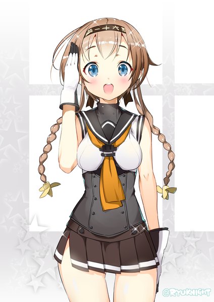 Anime picture 1403x1984 with kantai collection teruzuki destroyer ryu naitou single long hair tall image looking at viewer blush fringe breasts open mouth blue eyes brown hair standing signed braid (braids) :d bare legs teeth sparkle