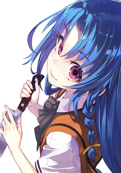 Anime picture 593x847 with ore ga ikiru raison d'etre aoba moyuri shirabi single long hair tall image looking at viewer fringe simple background smile white background holding blue hair braid (braids) pink eyes from above single braid close-up girl bow
