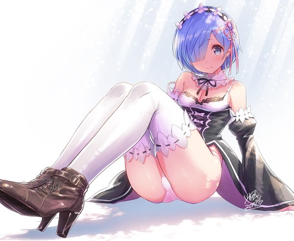 Anime picture 882x724 with re:zero kara hajimeru isekai seikatsu white fox rem (re:zero) yasuyuki single looking at viewer fringe short hair blue eyes light erotic signed blue hair full body sunlight hair over one eye wide sleeves arm support maid high heels pantyshot