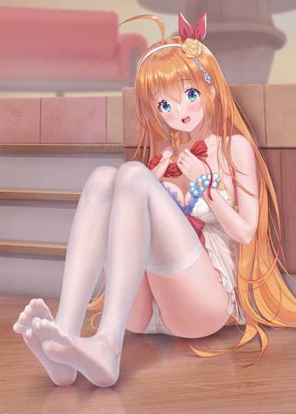 Anime picture 1000x1399 with princess connect! re:dive princess connect! pecorine (princess connect!) haneru single long hair tall image looking at viewer blush fringe open mouth light erotic blonde hair hair between eyes sitting signed full body ahoge braid (braids) hair flower
