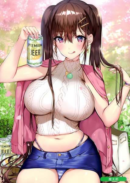Anime picture 2105x2958 with melonbooks matarou (genkai toppa) single long hair tall image looking at viewer blush fringe highres breasts light erotic hair between eyes brown hair large breasts sitting twintails holding signed payot outdoors