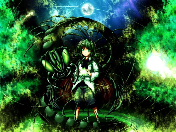 Anime picture 2400x1800 with touhou wriggle nightbug ugume single highres short hair green eyes green hair girl insect moon