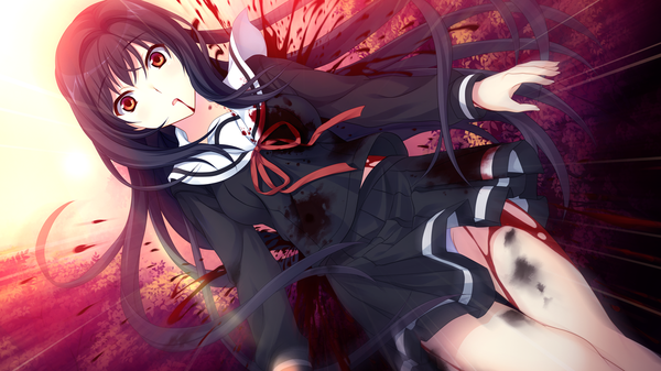 Anime picture 1280x720 with houkago no futekikakusha suenaga haruka (houkago no futekikakusha) single long hair light erotic black hair red eyes wide image game cg girl skirt uniform school uniform blood