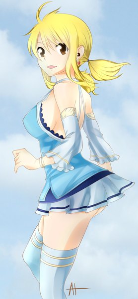 Anime picture 1024x2208 with fairy tail lucy heartfilia tinarnya-xinpea single long hair tall image open mouth blonde hair smile twintails brown eyes sky cloud (clouds) looking back coloring low twintails girl thighhighs dress detached sleeves