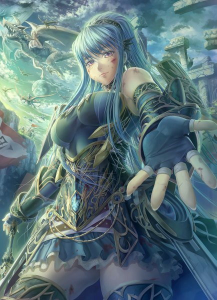 Anime picture 869x1200 with original meganeking single long hair tall image looking at viewer purple eyes blue hair sky cloud (clouds) ponytail fantasy girl dress gloves weapon detached sleeves sword fingerless gloves dragon