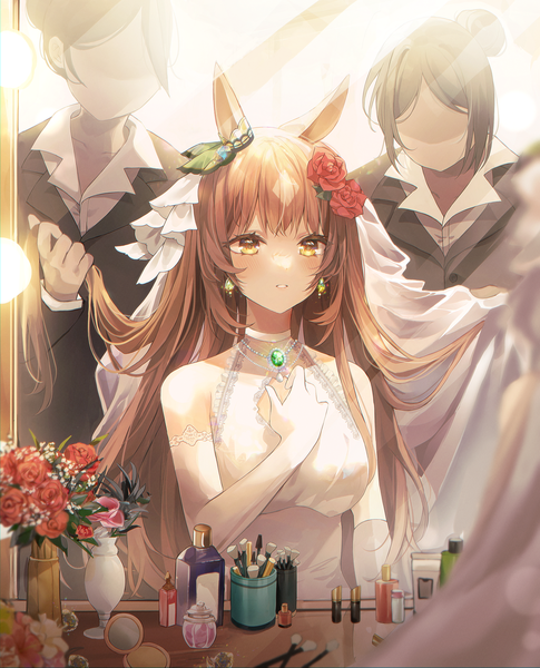 Anime picture 2562x3169 with umamusume satono diamond dasha long hair tall image blush fringe highres short hair breasts brown hair standing sitting multiple girls animal ears yellow eyes looking away upper body indoors parted lips