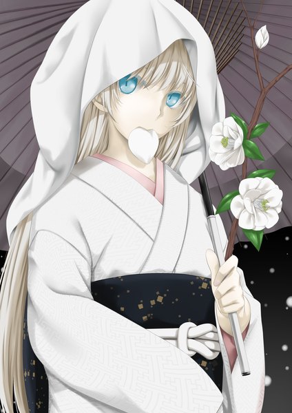 Anime picture 3307x4677 with original maita1059 single long hair tall image looking at viewer highres blue eyes absurdres white hair girl flower (flowers) petals umbrella obi