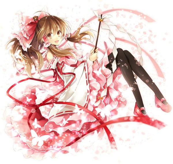 Anime picture 1000x950 with touhou hakurei reimu hagiwara rin single long hair looking at viewer blush fringe open mouth brown hair holding brown eyes ponytail traditional clothes wide sleeves happy miko frilly skirt girl ribbon (ribbons)