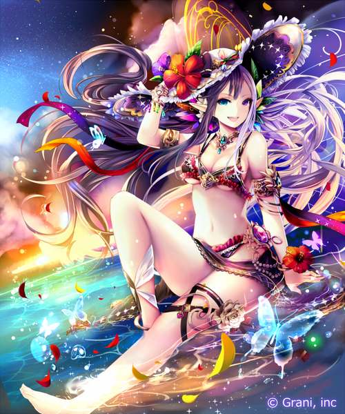 Anime picture 666x800 with original aoi (kirabosi105) single long hair tall image looking at viewer breasts open mouth light erotic purple hair pointy ears heterochromia girl navel flower (flowers) swimsuit hat bikini petals insect