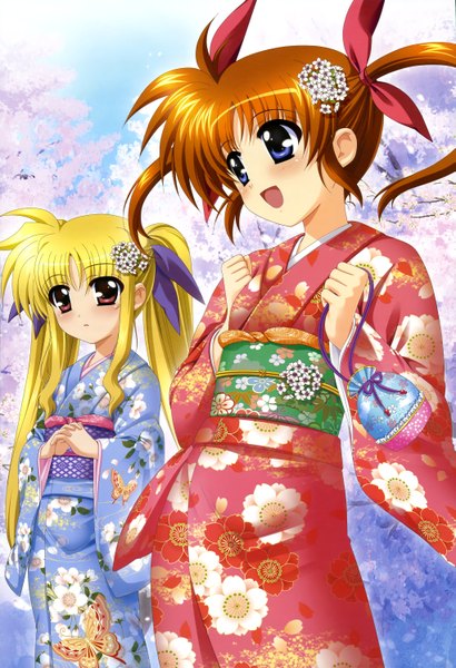 Anime picture 4081x5968 with mahou shoujo lyrical nanoha nyantype fate testarossa takamachi nanoha higa yukari long hair tall image highres blue eyes blonde hair red eyes twintails multiple girls absurdres traditional clothes japanese clothes hair flower orange hair official art loli
