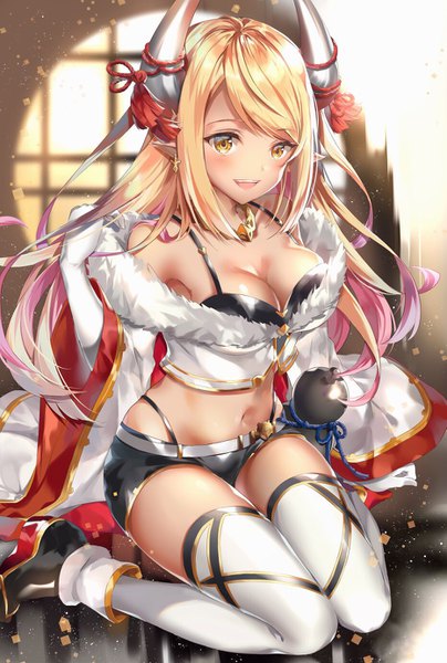 Anime picture 931x1384 with granblue fantasy kumbhira (granblue fantasy) hinahino single long hair tall image looking at viewer blush fringe breasts open mouth light erotic blonde hair smile sitting bare shoulders yellow eyes payot cleavage :d