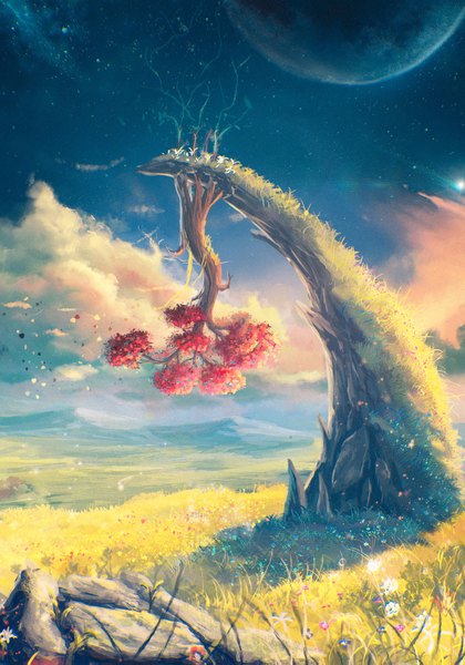 Anime picture 1400x1999 with original sylar113 tall image sky cloud (clouds) outdoors wind shadow mountain no people rock flower (flowers) plant (plants) tree (trees) leaf (leaves) star (stars) stone (stones) planet path