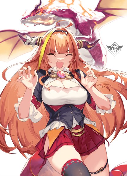 Anime picture 2646x3679 with virtual youtuber hololive kiryuu coco ohland single long hair tall image fringe highres breasts open mouth light erotic large breasts cleavage ahoge tail blunt bangs eyes closed multicolored hair horn (horns)