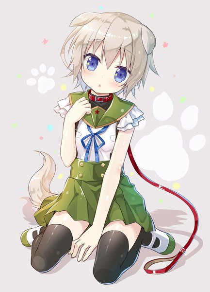 Anime picture 795x1100 with gakkou gurashi! naoki miki yano mitsuki single tall image looking at viewer blush fringe short hair open mouth animal ears silver hair bent knee (knees) tail animal tail pleated skirt shadow hand on chest dog ears dog tail