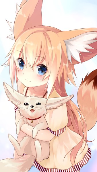 Anime picture 1000x1770 with original suke single long hair tall image looking at viewer blush fringe blue eyes simple background blonde hair smile hair between eyes standing holding animal ears tail animal tail from above short sleeves