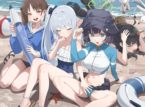 Anime picture 1900x1407 with blue archive miyu (blue archive) miyako (blue archive) miyako (swimsuit) (blue archive) miyu (swimsuit) (blue archive) saki (blue archive) saki (swimsuit) (blue archive) moe (blue archive) moe (swimsuit) (blue archive) hood (james x) long hair looking at viewer blush fringe highres short hair open mouth light erotic black hair brown hair
