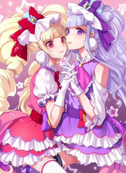 Anime picture 1000x1370 with precure hugtto! precure toei animation ruru amour aisaki emiru cure amour cure macherie tsuru ringo long hair tall image looking at viewer blush fringe simple background blonde hair smile red eyes standing purple eyes twintails