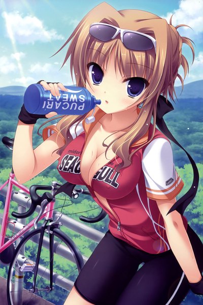 Anime picture 2400x3600 with midori no umi chisha yukie (peach candy) single long hair tall image highres breasts blue eyes light erotic brown hair sky cleavage cloud (clouds) scan girl gloves fingerless gloves sunglasses ground vehicle