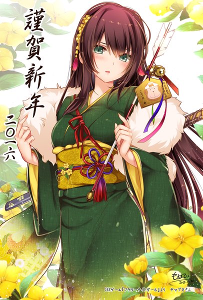 Anime picture 1378x2035 with flower knight girl yamabuki (flower knight girl) moneti (daifuku) single long hair tall image looking at viewer blush open mouth blue eyes brown hair traditional clothes japanese clothes fur trim snowing revision floral background girl flower (flowers) kimono