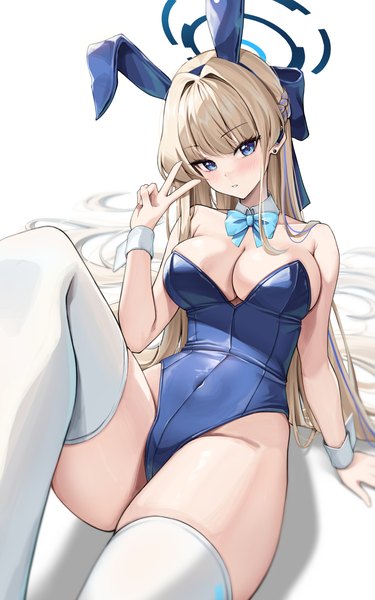 Anime picture 3967x6355 with blue archive toki (blue archive) toki (bunny) (blue archive) lancheu single long hair tall image looking at viewer blush fringe highres breasts blue eyes light erotic blonde hair large breasts sitting bare shoulders animal ears absurdres