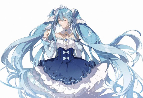 Anime picture 2919x2009 with vocaloid hatsune miku yuki miku yuki miku (2019) sumery single fringe highres simple background hair between eyes white background twintails blue hair eyes closed very long hair light smile bird on hand girl dress detached sleeves