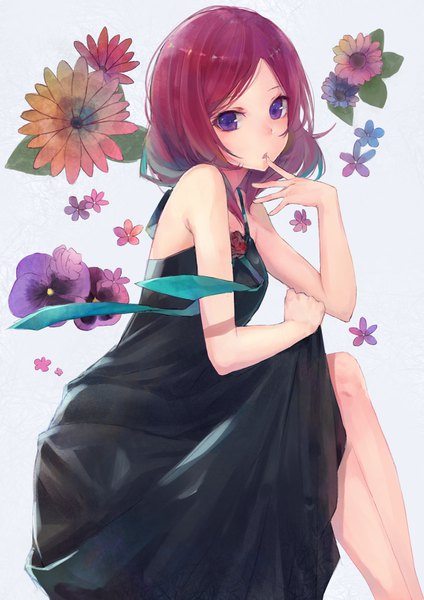 Anime picture 1240x1754 with love live! school idol project sunrise (studio) love live! nishikino maki kobuta single tall image looking at viewer short hair sitting purple eyes bare shoulders pink hair sleeveless crossed legs finger to mouth floral background girl dress flower (flowers)