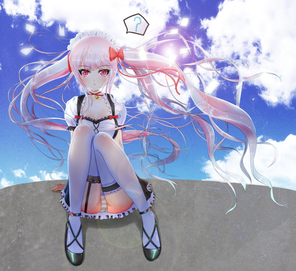 Anime picture 1500x1372 with original tsubame (setasetaseta) single long hair looking at viewer blush light erotic red eyes twintails pink hair sky cloud (clouds) girl thighhighs dress underwear panties bow hair bow white thighhighs
