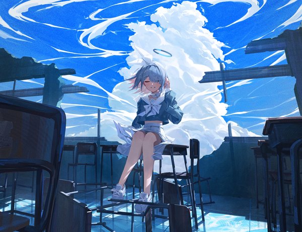 Anime picture 2600x1998 with blue archive arona (blue archive) cute mdr single fringe highres short hair smile sitting blue hair cloud (clouds) eyes closed hair over one eye grin sailor collar girl uniform ribbon (ribbons) hair ribbon serafuku