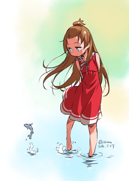 Anime picture 1447x2039 with precure dokidoki! precure toei animation madoka aguri isedaichi ken single long hair tall image simple background brown hair standing brown eyes signed looking away ponytail looking back wind sleeveless twitter username partially submerged