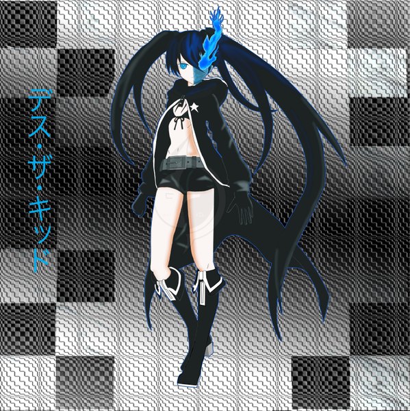 Anime picture 6616x6632 with black rock shooter black rock shooter (character) soulsilverlight single long hair highres blue eyes black hair twintails absurdres glowing scar glowing eye (eyes) girl gloves shorts belt bikini top