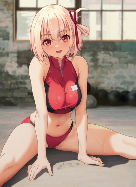 Anime picture 1179x1628 with lycoris recoil nishikigi chisato solar (happymonk) single tall image looking at viewer blush fringe short hair breasts open mouth light erotic blonde hair smile hair between eyes red eyes large breasts sitting bare shoulders indoors