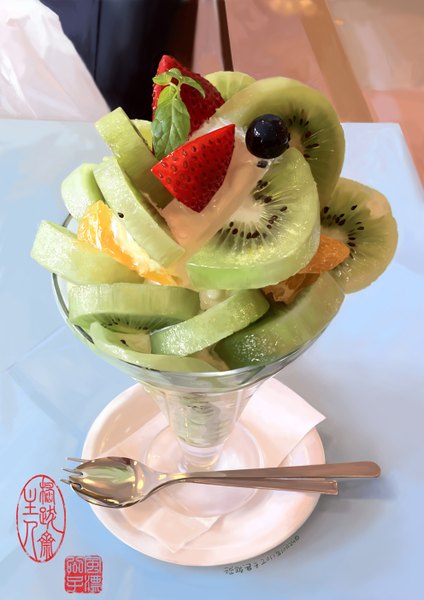 Anime picture 992x1403 with original btles tall image food fruit berry (berries) strawberry plate spoon cream orange (fruit) kiwi