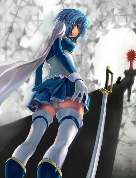 Anime picture 1809x2366 with mahou shoujo madoka magica shaft (studio) miki sayaka xiamianliele (artist) single tall image highres short hair blue eyes light erotic blue hair looking back pantyshot girl thighhighs gloves weapon white thighhighs sword cloak