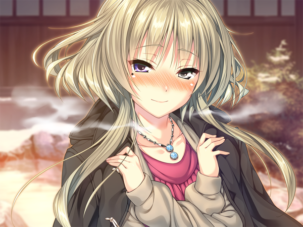 Anime picture 1024x768 with amakano kanbayashi mizuki piromizu single long hair looking at viewer blush fringe smile game cg outdoors fingernails open clothes mole open jacket mole under eye heterochromia crossed arms clothes on shoulders cold