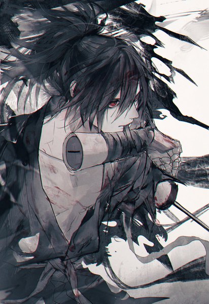 Anime picture 1406x2048 with dororo (tezuka) hyakkimaru (dororo) rilmok single long hair tall image fringe black hair hair between eyes red eyes holding looking away upper body traditional clothes japanese clothes mouth hold boy weapon sword katana