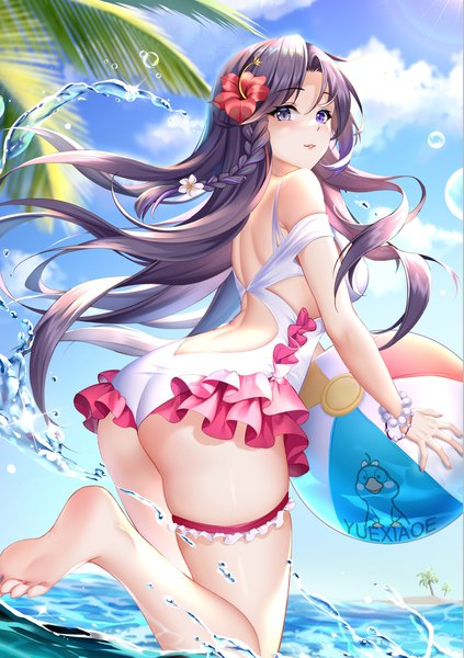 Anime picture 865x1227 with original yue xiao e single long hair tall image looking at viewer blush fringe breasts light erotic smile hair between eyes large breasts standing purple eyes holding signed sky purple hair cloud (clouds)